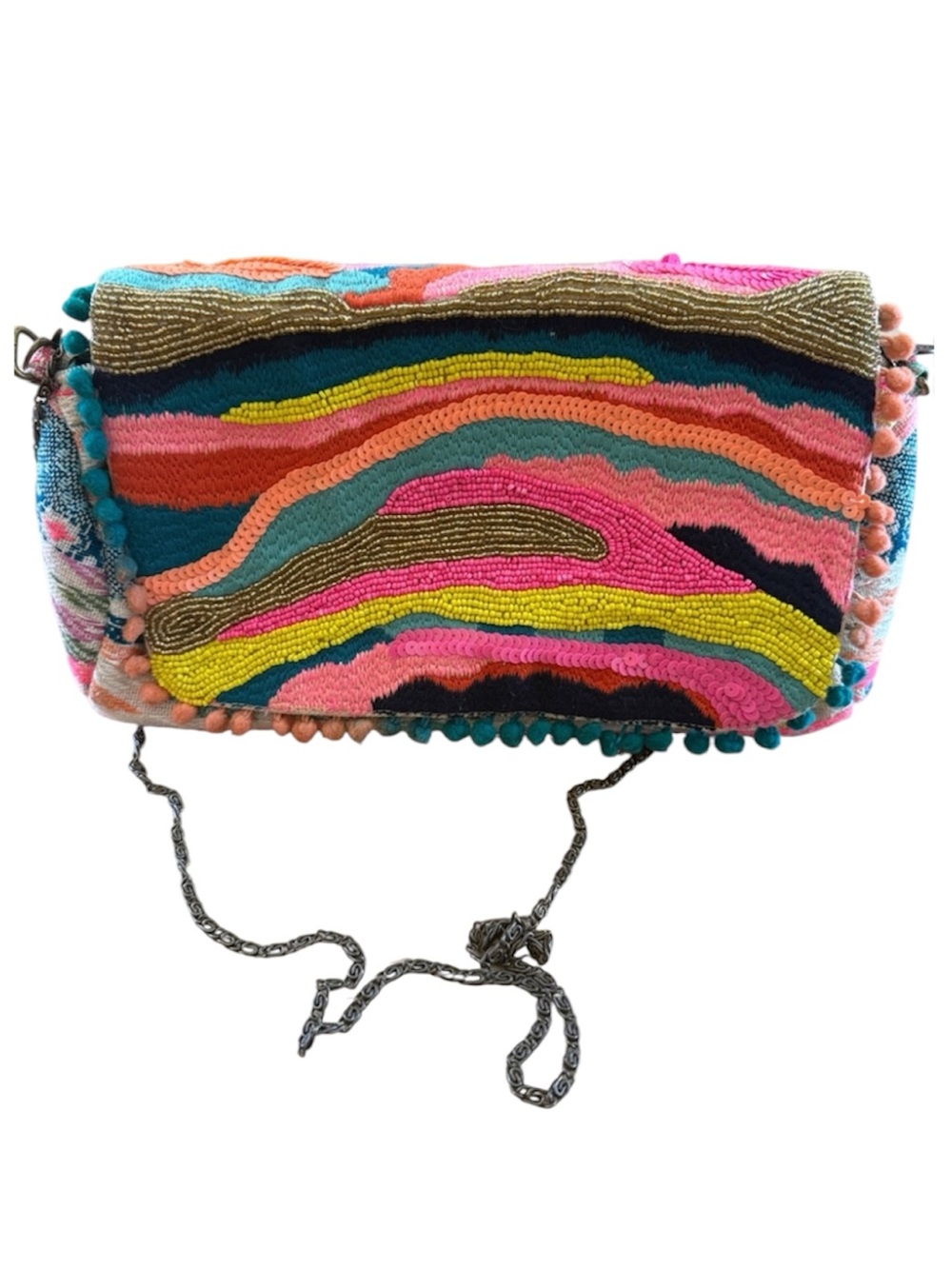 AMERICA & BEYOND BOHEMIAN DAPHNE BAG HAND BEADED EMBROIDERY MIMI POM POM DETAIL